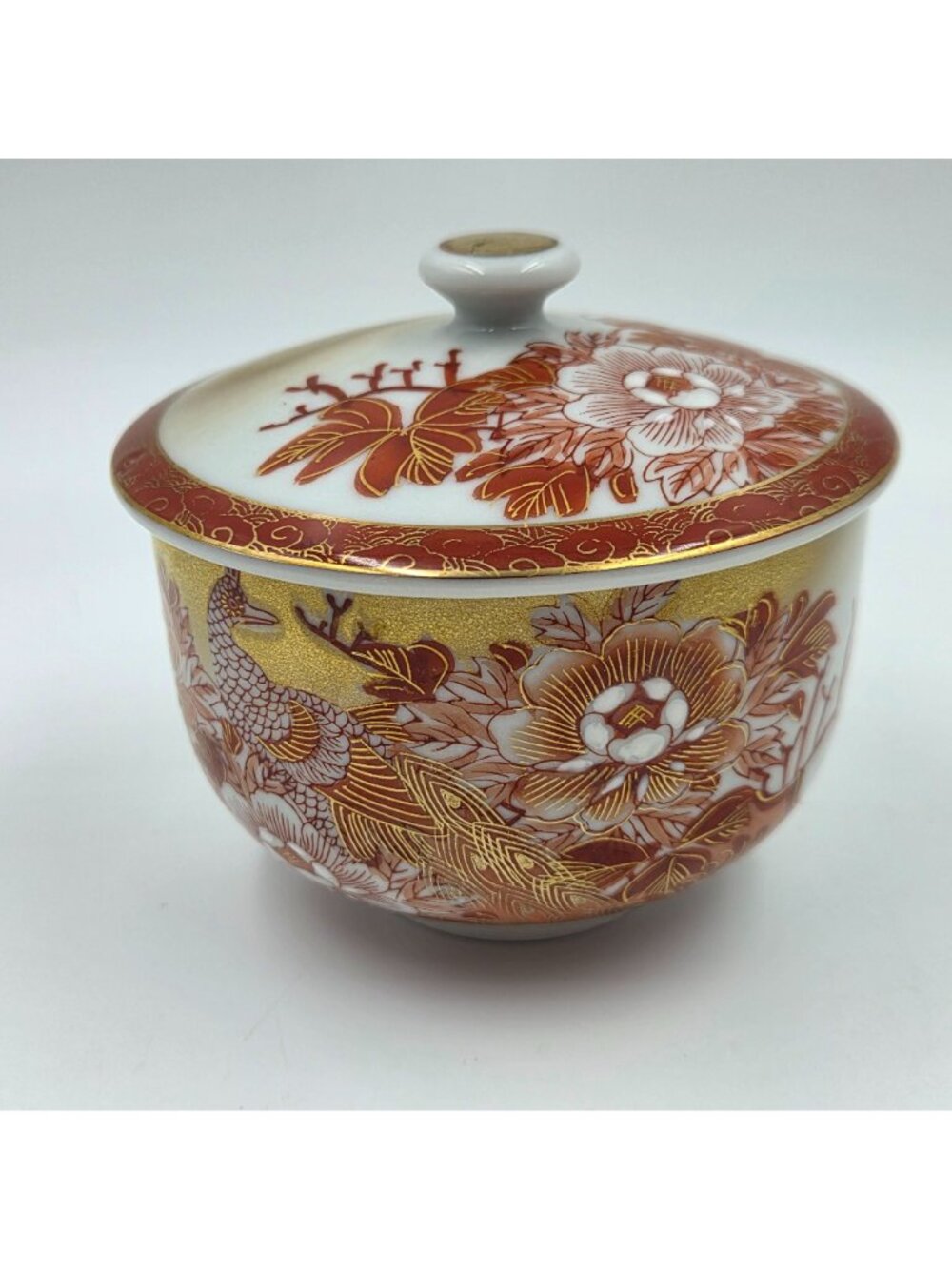 Kutani Peacock & Peony Lidded Tea Cups Set (3) from the Meiji Period - Picture 4 of 13